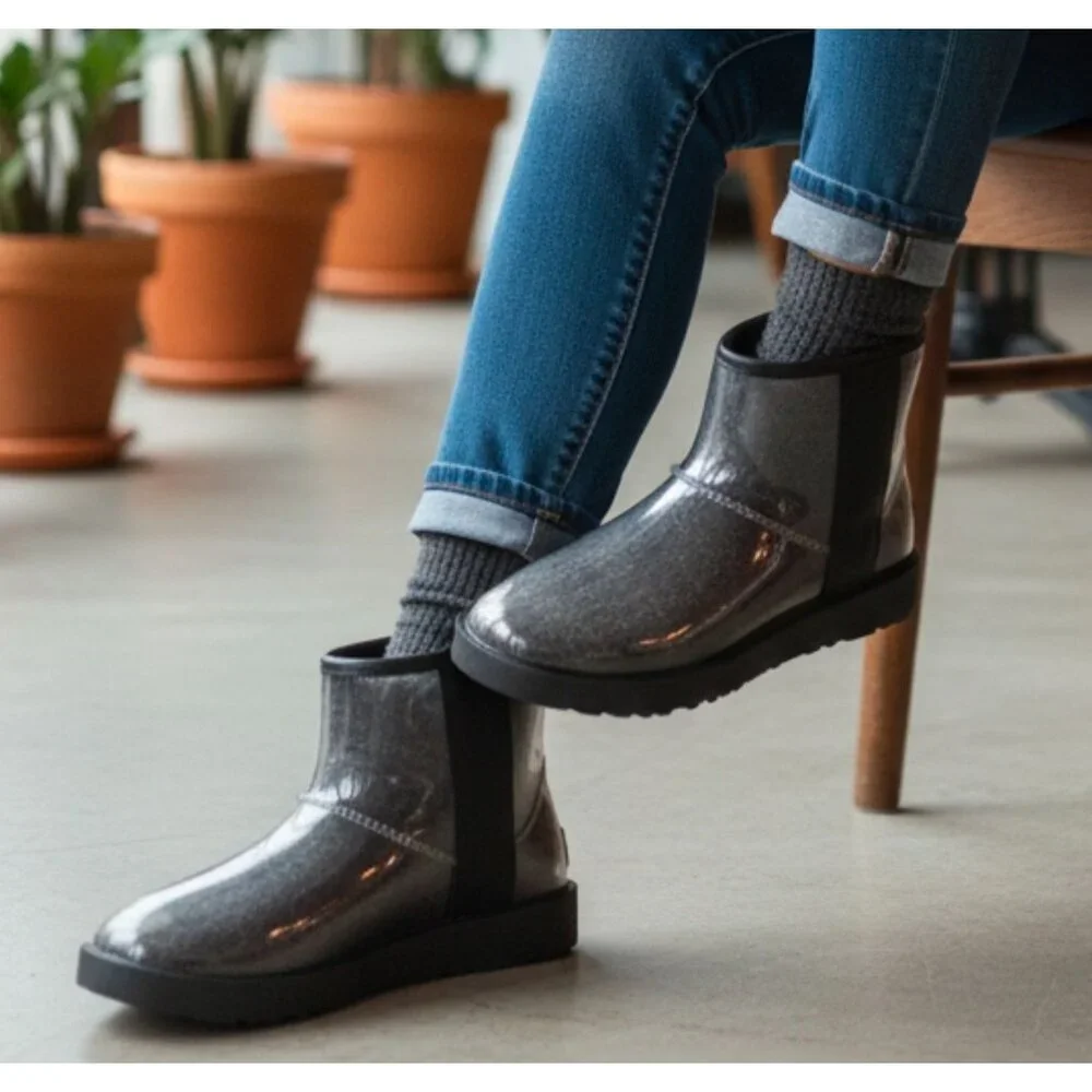 Transparent Waterproof Ankle Boots With Non-Slip Soles Sleek Black Finish Durabl